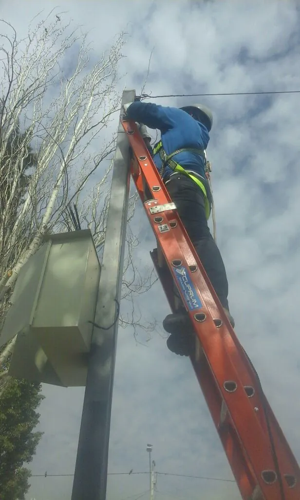 Operario de EDT con arnés reparando una luminaria en altura desde una escalera